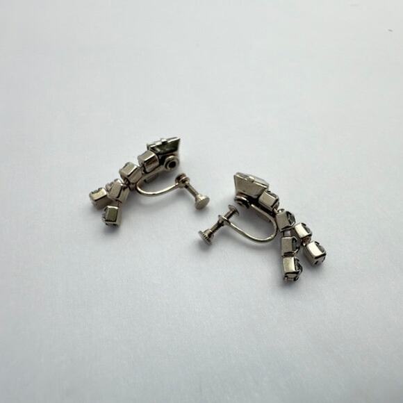 Vintage 30s Art Deco Rhinestone Earrings Silver Tone Screw Back Cascade - Picture 3 of 7